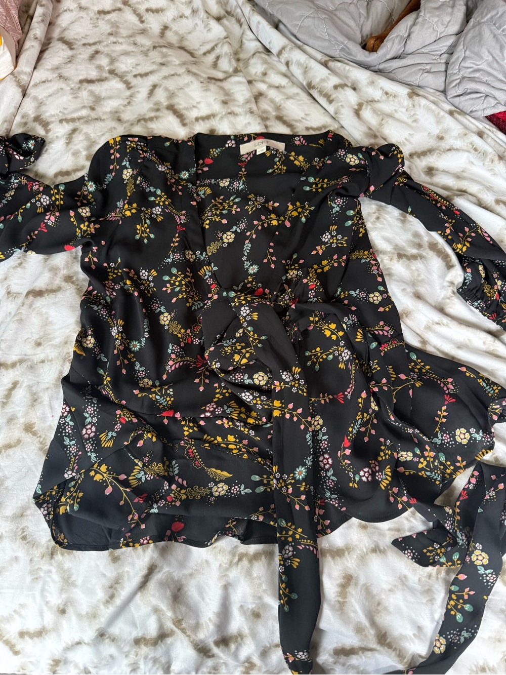 LOFT Black Floral Wrap Blouse with Multicolor Blossoms